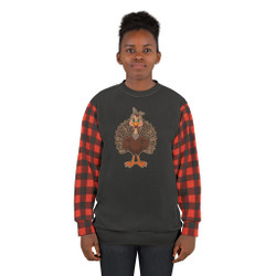 Black and Red Buffalo Check on Sleeves - Turkey With Leopard Print Feathers - Unisex Sweatshirt