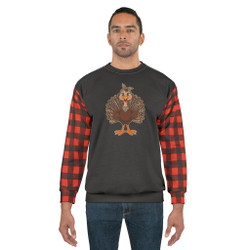 Black and Red Buffalo Check on Sleeves - Turkey With Leopard Print Feathers - Unisex Sweatshirt