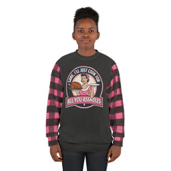 Black and Pink Buffalo Check on Sleeves - Sure I'll Cook For You Assholes - Thanksgiving - Unisex Sweatshirt
