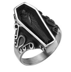Skeleton in a Coffin Ring - Stainless Steel - Biker Jewelry - Motorcycle Ring - R154-DS