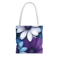 Floral Design - Blue Purple White - Multiple Handle Color Choice - Tote Bag