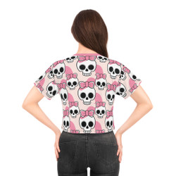 Pink Skulls Crop Tee with Coquette Bows Pattern - Women's Cropped T-Shirt