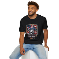 Renegade Patriot - Biker Tee - Patriotic Skeleton on a Motorcycle - Unisex Softstyle T-Shirt.