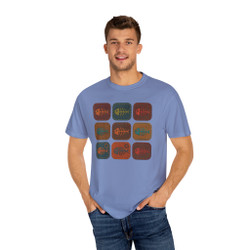 Unisex Garment-Dyed T-shirt - Comfort Colors 1717 - 9 Sardine Skeleton Cans in a Grid - Leather and Stitch Patch Look