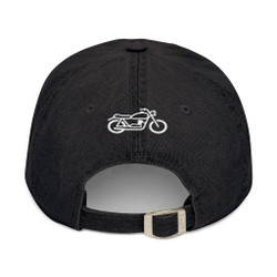 Embroidered Denim Hat - "helmet hair don't care" - Motorcycle on Back - Blue or Black - Biker Cap