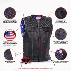 Leather Motorcycle Vest - Men's - Throtlex - Up To 8XL - USA Flag - Gun Pockets - STARSSHIELD-RC