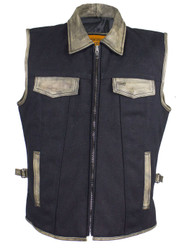 Canvas and Leather Motorcycle Vest - Men's - Distressed Brown - MV8010-CV12-DL