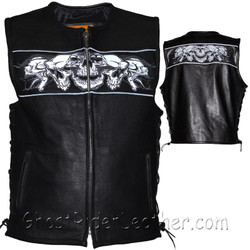 Leather Motorcycle Vest - Men's - Reflective Skulls - Gun Pockets - MV8025-11-DL