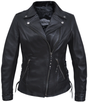 Leather Motorcycle Jacket - Women's - Studs - Lambskin - Lacing - 6827-00-UN