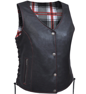 Leather Vest - Women's - Red and White Flannel Liner - 6895-01-UN