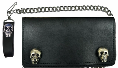 6 inch Black Leather Biker Chain Wallet With Skulls - Bi-fold - SKU 5743-SKL-UN