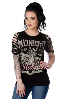 Women's Sliced Sleeve Shirt - Midnight Rider Graphic - Motorcycle - 7646BLK-DS
