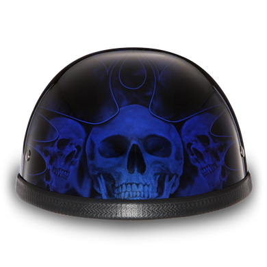 Novelty Motorcycle Helmet - Skull Blue Flames - Eagle Shorty - 6002SFB-DH