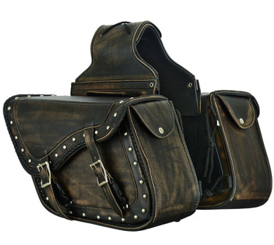 Saddlebags - Leather - Distressed Brown - Studs - Motorcycle Luggage - SD4065-12N-DL