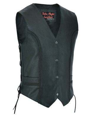 Leather Vest - Women's - Braid Design - Side Laces - Gun Pockets - DS219-DS