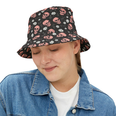 Pink Skulls and White Roses Pattern - Pink and White on Black - Biker Bucket Hat