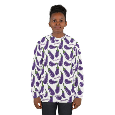 Doodle Eggplant Emoji - Text Schwing - Purple Green on White - Unisex Sweatshirt 