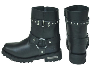 Leather Motorcycle Boots - Women's - Black - Short Harness Style - Studs - 12008-L-UN