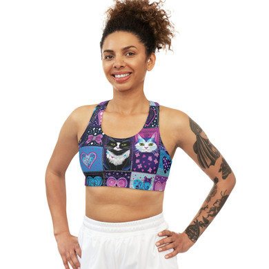 Hearts for Kitties - Pattern 101 - Cats - Purple Blue Pink - Seamless Sports Bra