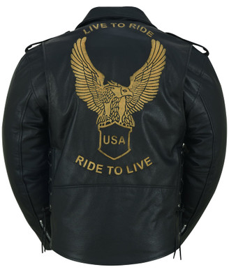 Leather Motorcycle Jacket - Men's - Embossed Live To Ride - Up To Size 8XL - Black - DS759-DS