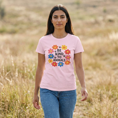 Be Kind to Animals - Flowers and Paw Prints - Choice of Light Colors - Retro - Unisex Heavy Cotton Tee