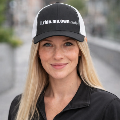 Trucker Hat — "i.ride.my.own." Retro - Motorcycle in Motion - Motorcycle Mesh Cap