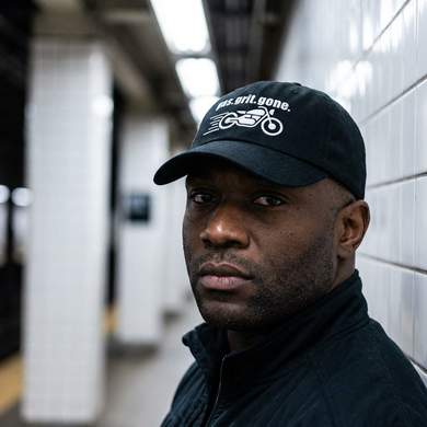 Dad Cap — 'gas.grit.gone.' - Embroidered Baseball Hat - Motorcycle in Motion - Biker - Color Choice