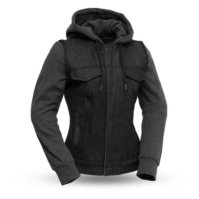 Denim Motorcycle Jacket With Hoodie - Women's - Essex - FIL517DMH-FM