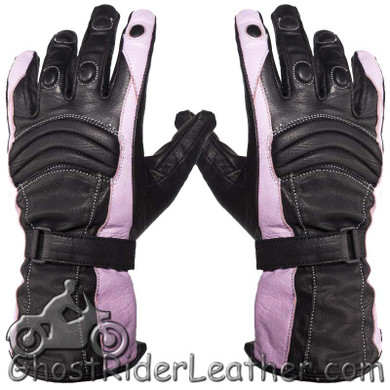 Ladies Leather Gauntlet Gloves in Pink and Black With Padded Knuckles - SKU GLZ60-PINK-DL