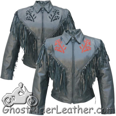 Ladies Red or Black Rose Fringe Leather Jacket - SKU AL2105-2106-AL