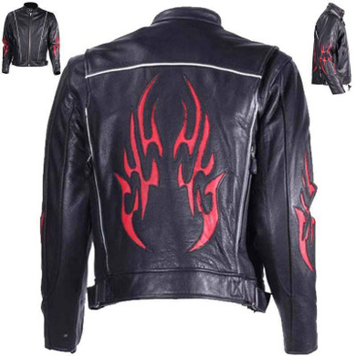 Leather Racer Jacket - Men's - Red Flames and Reflective Piping - MJ782-DL