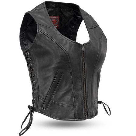 Leather Motorcycle Vest - Women's - Raven - FIL542GDD-FM