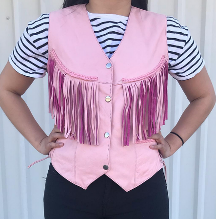 Leather Motorcycle Vest - Women's - Pink - Fringe - AL2322-AL