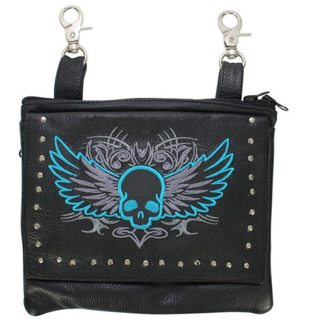 Leather Belt Bag - Teal Blue - Gun Pocket - Flying Skull Design - Handbag - BAG36-EBL10-TEAL-DL