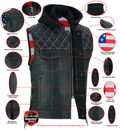 Leather Motorcycle Vest - Men's - Road Edge - USA Flag Liner - Hoodie - Up To 8XL - DS194-DS