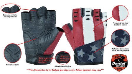 Leather Motorcycle Gloves - Men's - USA Flag - Fingerless - DS1215-DS