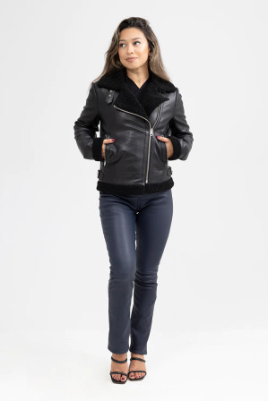 Leather Motorcycle Jacket - Women's - Black Faux Wool Lining - WBL1404-FM