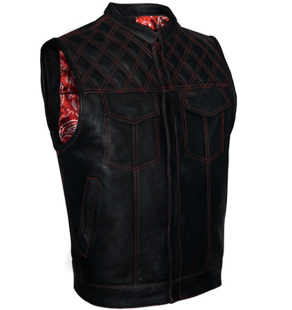 Leather Vest - Men's - Motorcycle Club - Red Paisley Lining - Up To 62 - MV7320-RT-PD-88-DL