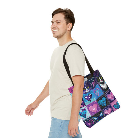 Cats and Hearts Pattern 102 - Blues and Purples - Tote Bag