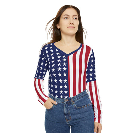 American Flag - Red White Blue - Stars and Stripes - Women's Long Sleeve V-neck Shirt - Tee