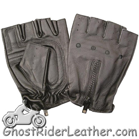 Fingerless Leather Biker Gloves With Zipper Back - SKU GRL-AL3006-AL
