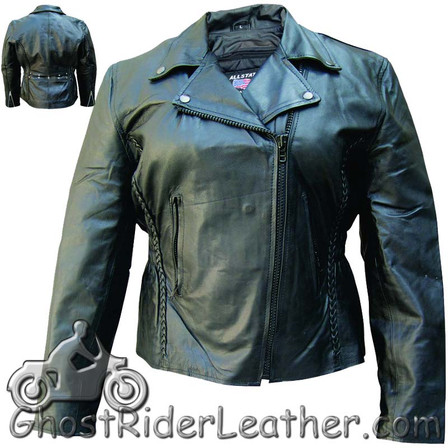 Ladies Biker Leather Jacket With Braid Trim - SKU AL2103-AL