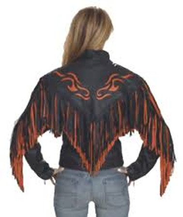 Women's Leather Motorcycle Jacket With Orange Flames and Fringe - SKU LJ259-DL