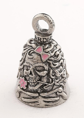 Lady Skull With Pink Bow & Flowers - Pewter - Motorcycle Guardian Bell® - Made In USA - SKU GB-LADY-SKULL-W-DS