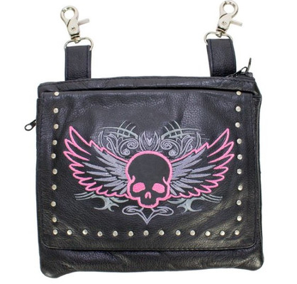 Leather Belt Bag - Pink - Gun Pocket - Flying Skull Design - Handbag - BAG36-EBL10-PINK-DL