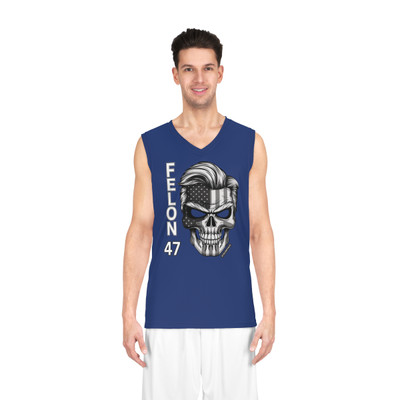 Felon 47 - Skull with American Flag - Grayscale - Donald Trump's Iconic Hair - Eyebrows - Blue - Basketball Jersey