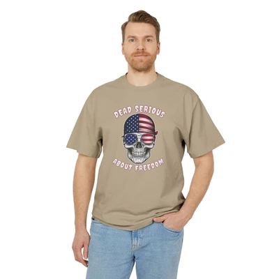 Biker Skull - USA Flag - Dead Serious About Freedom - Motorcycle - Unisex Premium Heavy Faded Tee