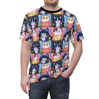 Four Square Cats in Flower Pots - Pattern 100 - Multi Colors - Unisex Tee - T-Shirt
