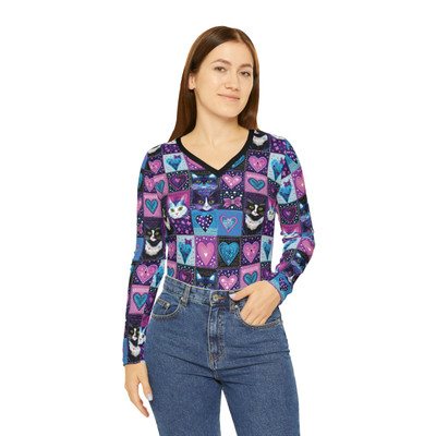 Hearts for Kitties - Pattern 101 - Women's Long Sleeve V-neck Shirt - Tee