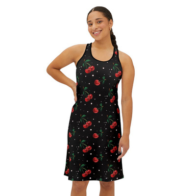Cherries and Dots Pattern - Red on Black - Women's Racerback Dress